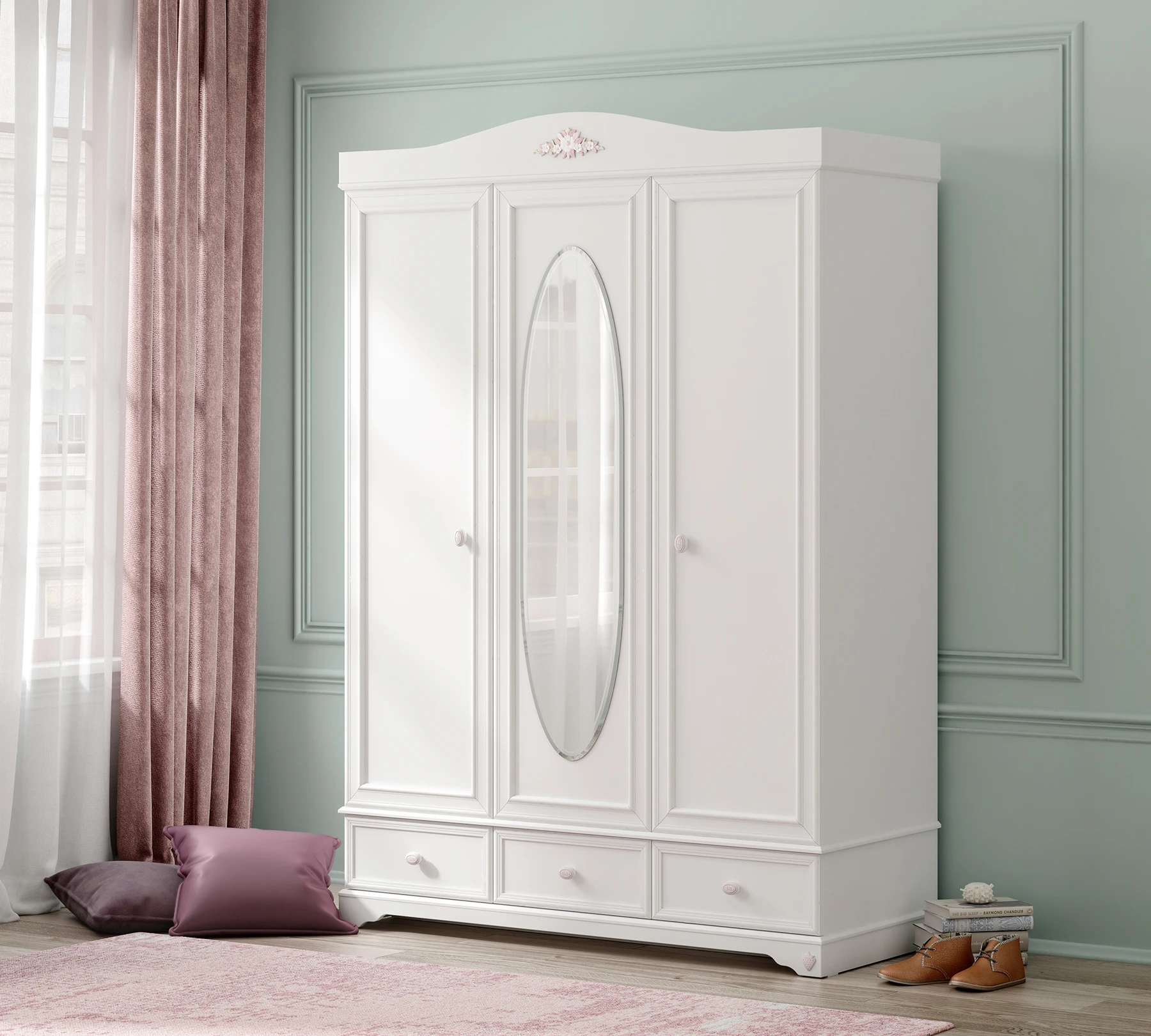 Трикрилен гардероб «Rustic White» + огледало, ширина 120см