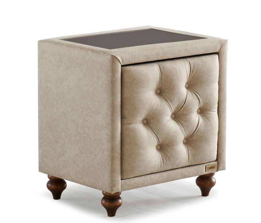 Тапицирано нощно шкафче «Nirvana Glass» + две чекмеджета и стъклен плот, размер 52х59х43см