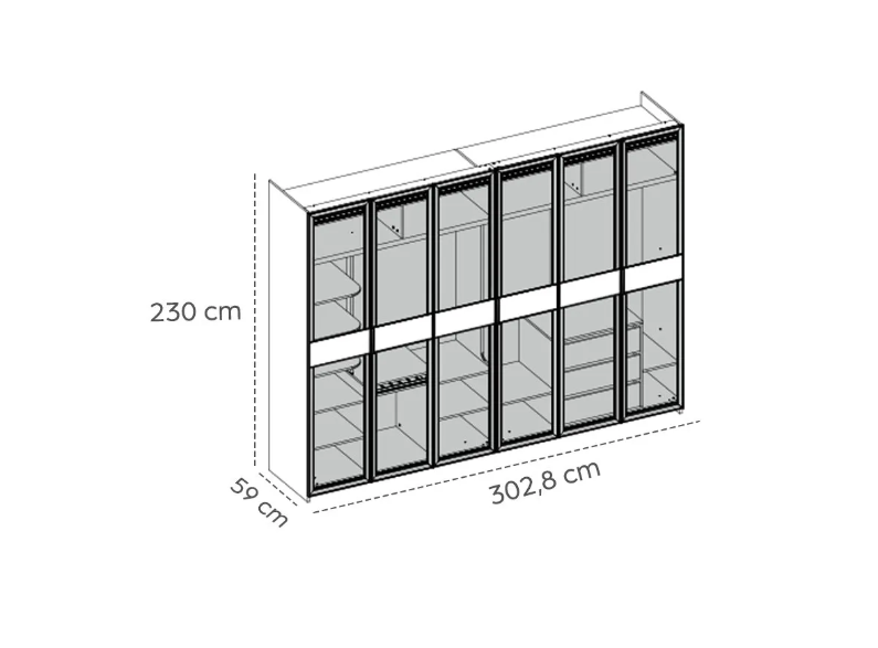 Шесткрилен гардероб «Dolunay» стъклени врати, ширина 303см