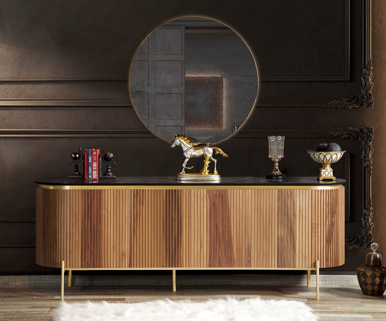 Бюфет «Tesla Walnut» с естествен фурнир, размер 208х78х52см