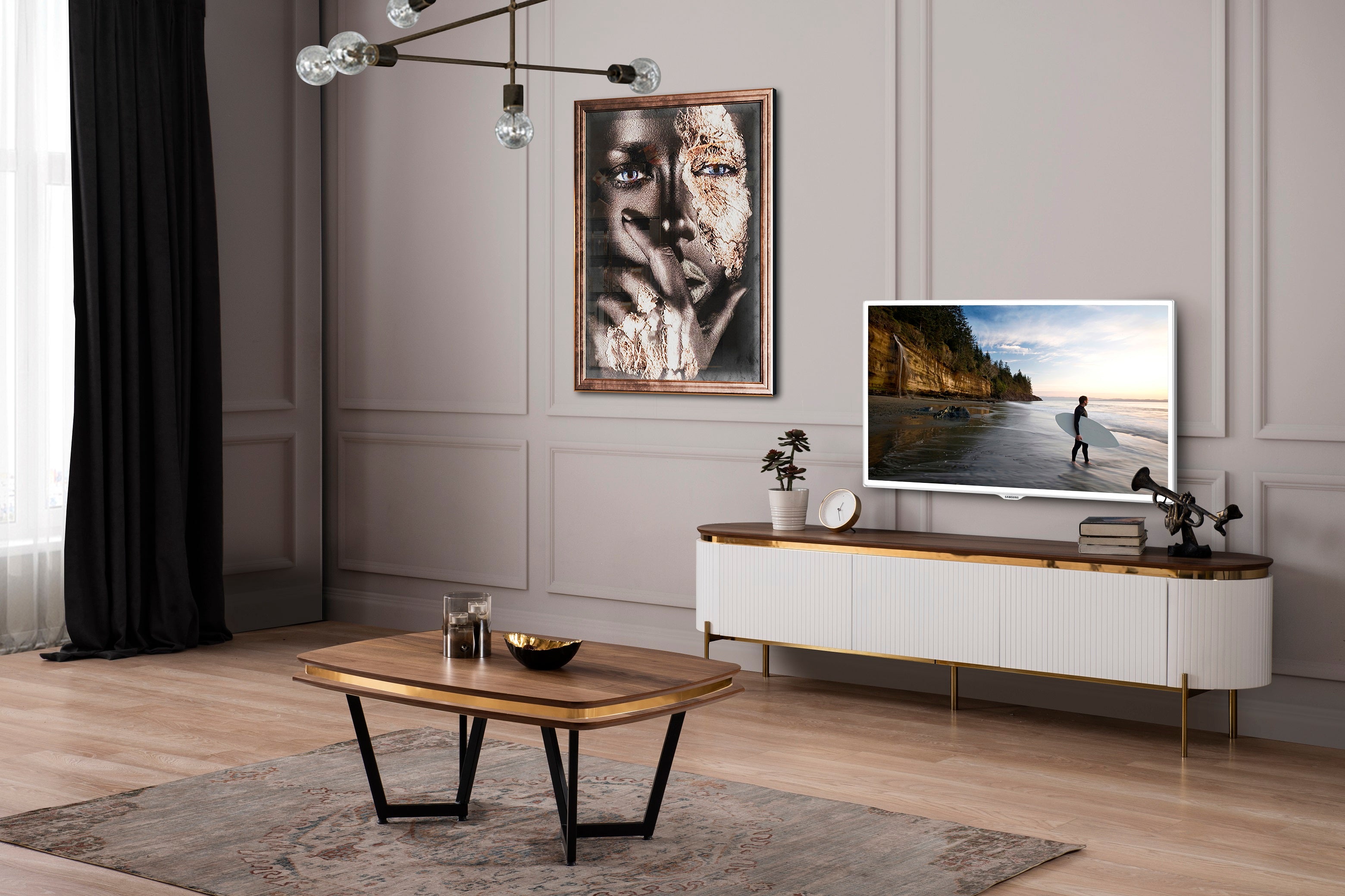 ТВ шкаф «Tesla Ecru & Gold» с размер 208х57х42см