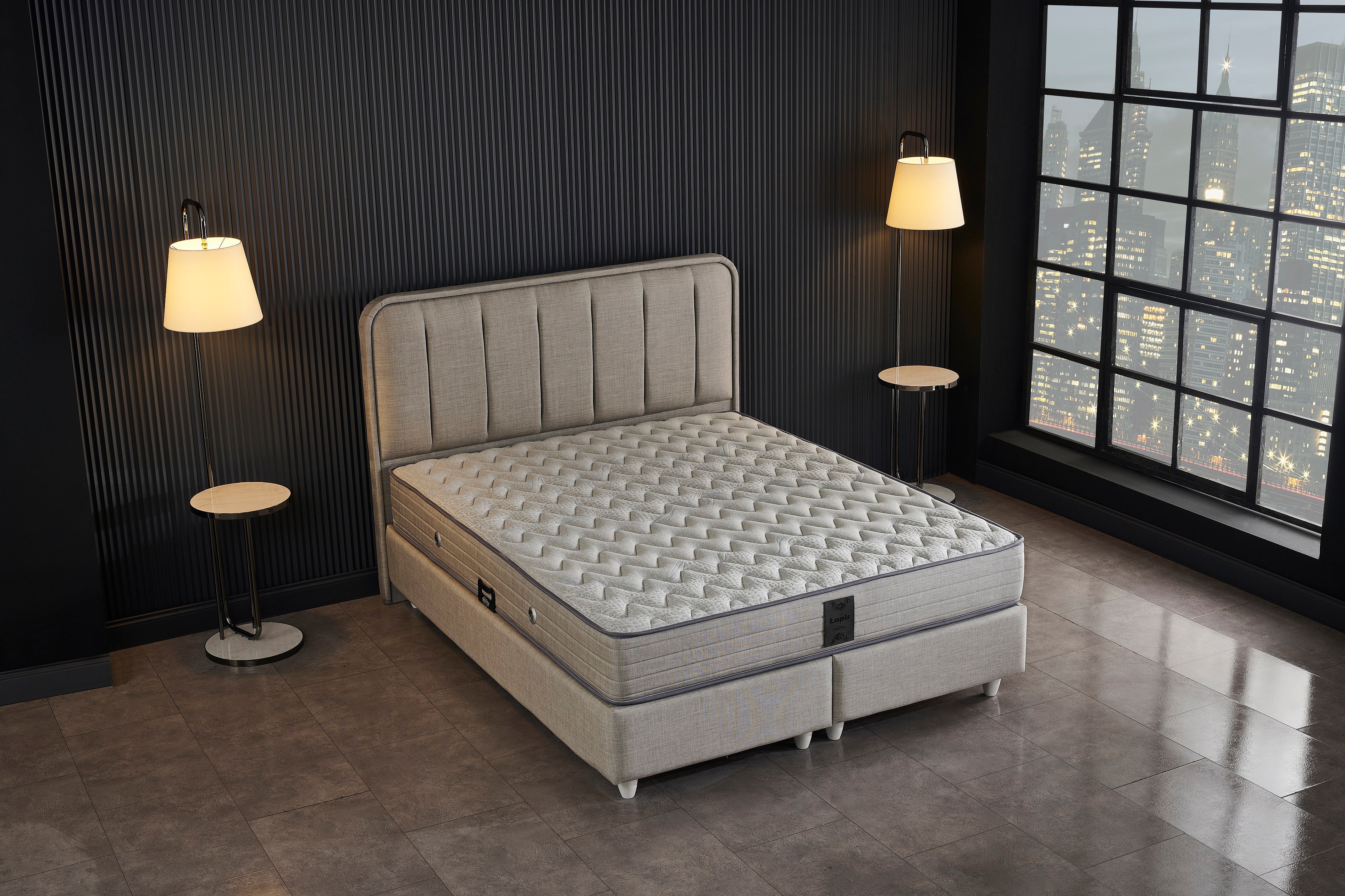 Тапицирано легло «Lapis» + Матрак и табла - с място за съхранение, повдигащ механизъм, система за безшумно затваряне