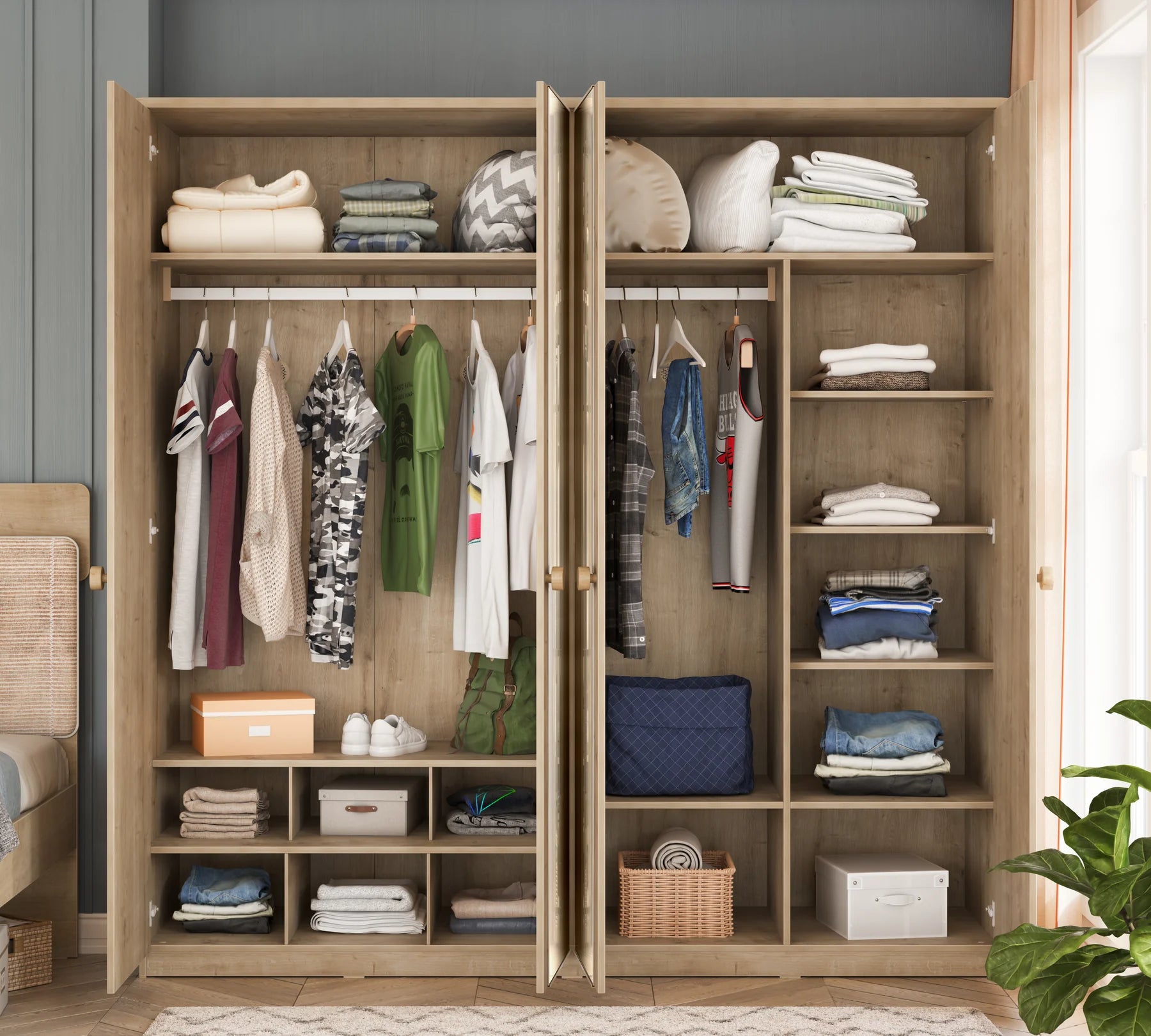 Четирикрилен гардероб «Mocha» с огледална врата, ширина 205см