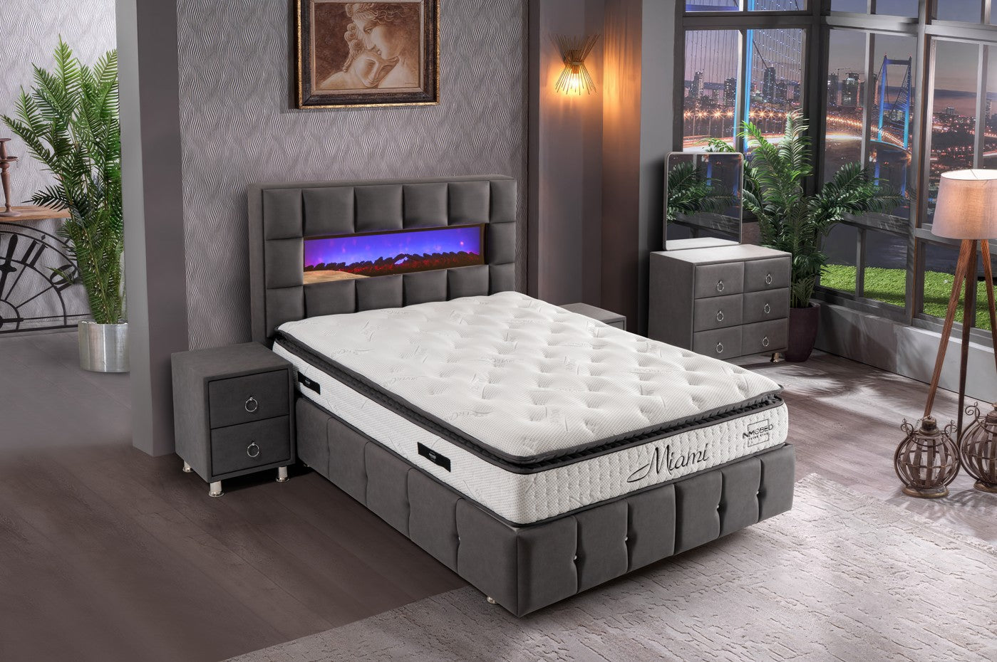Тапицирано легло «Miami» + Матрак и табла - с електрическа камина, с място за съхранение