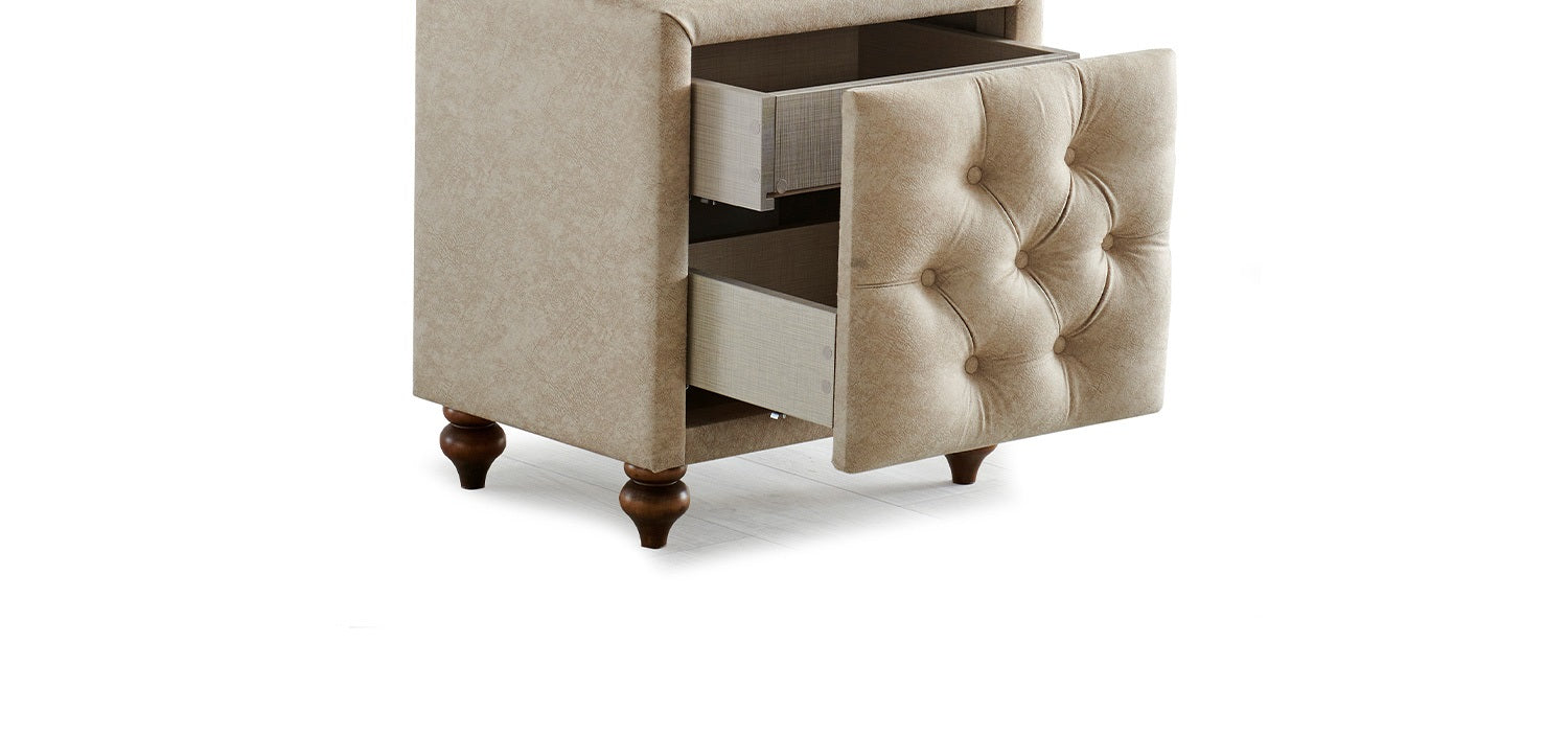 Тапицирано нощно шкафче «Nirvana Glass» + две чекмеджета и стъклен плот, размер 52х59х43см