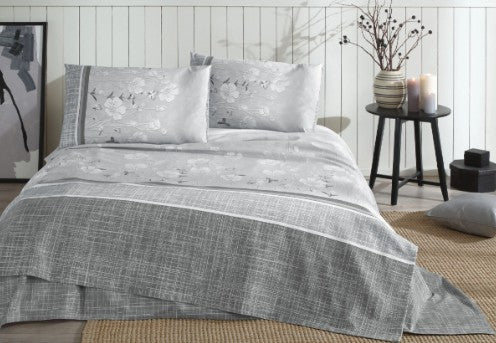 Единичен пике комплект «Floretta Flor Blanca Gri» с пике, 3 части, памук, ранфорс