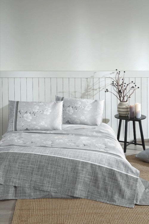 Единичен пике комплект «Floretta Flor Blanca Gri» с пике, 3 части, памук, ранфорс