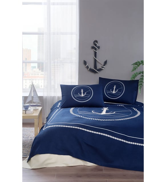 Двоен спален комплект «Lacivert Ankro» с пике, 4 части, ранфорс