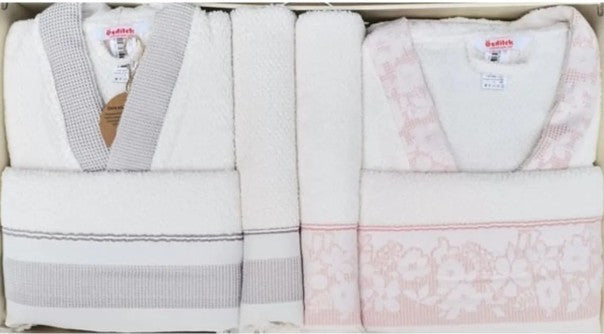 Комплект халати и хавлии «ROMANTIC TOUCH GRI-PEMBE» памук, 6 части