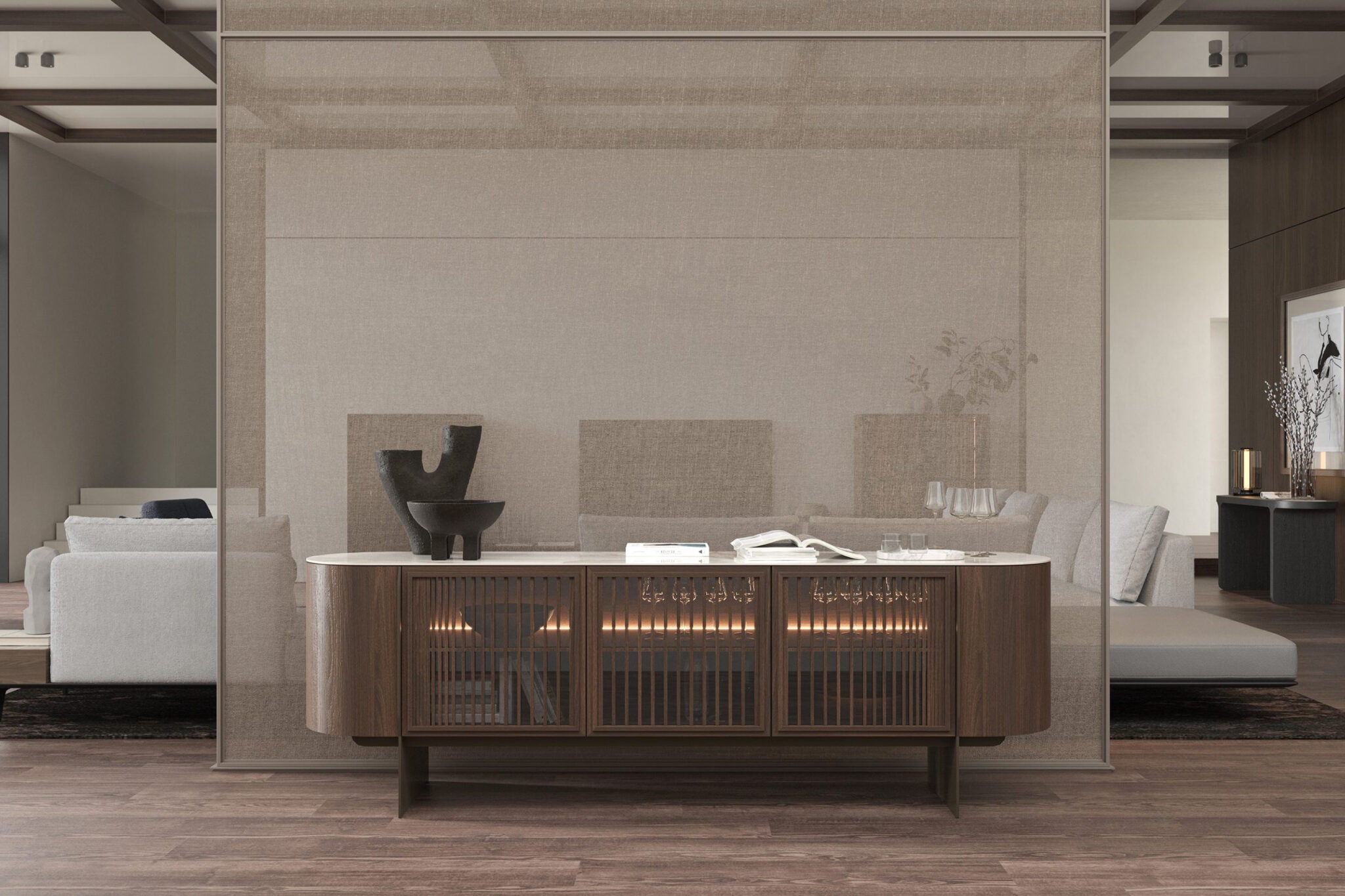 Бюфет «Riva» с естествен фурнир, с LED осветление, размер 240х78х51см