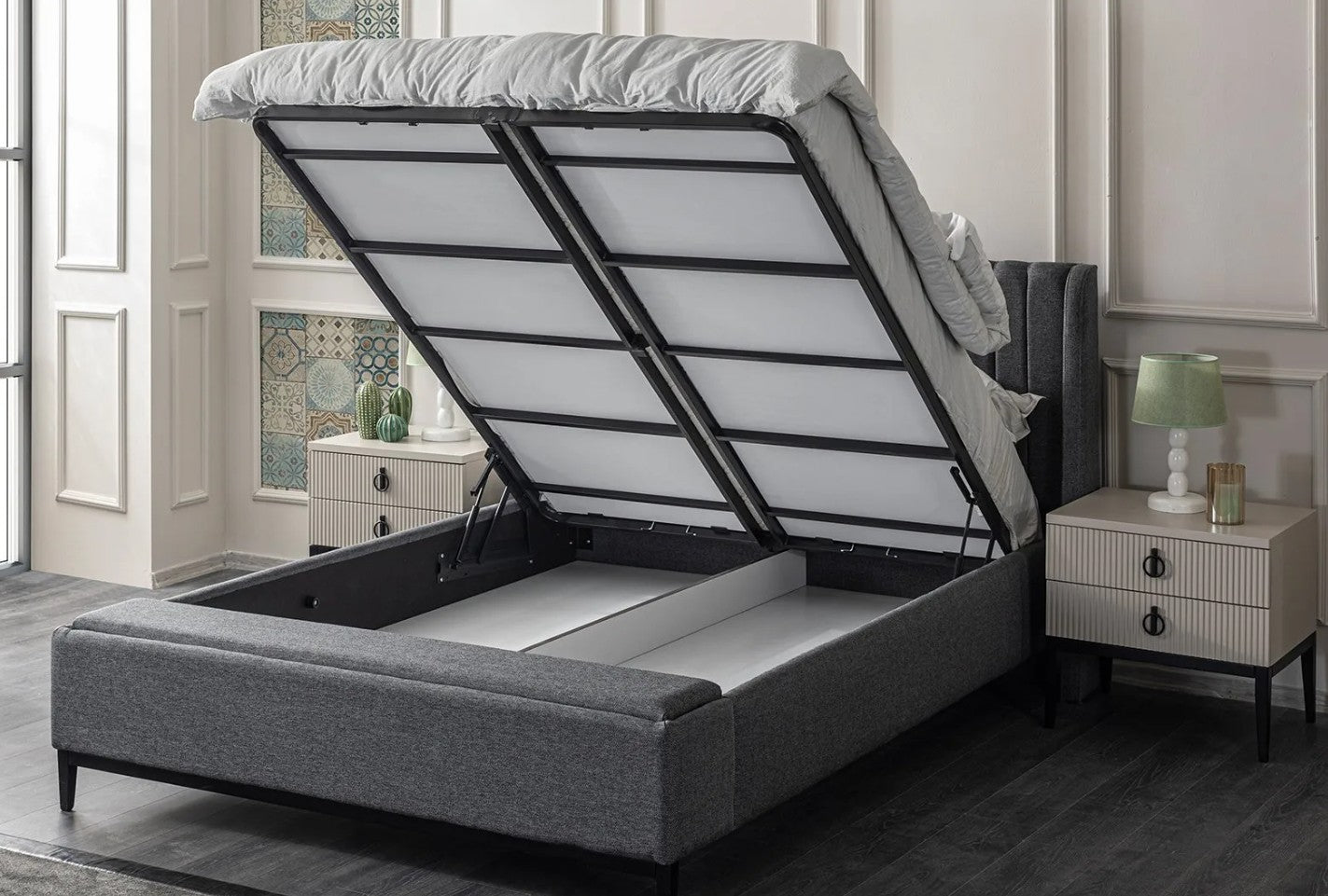 Тапицирано легло «Defne» + табла и пейка за легло - с място за съхранение, повдигащ механизъм