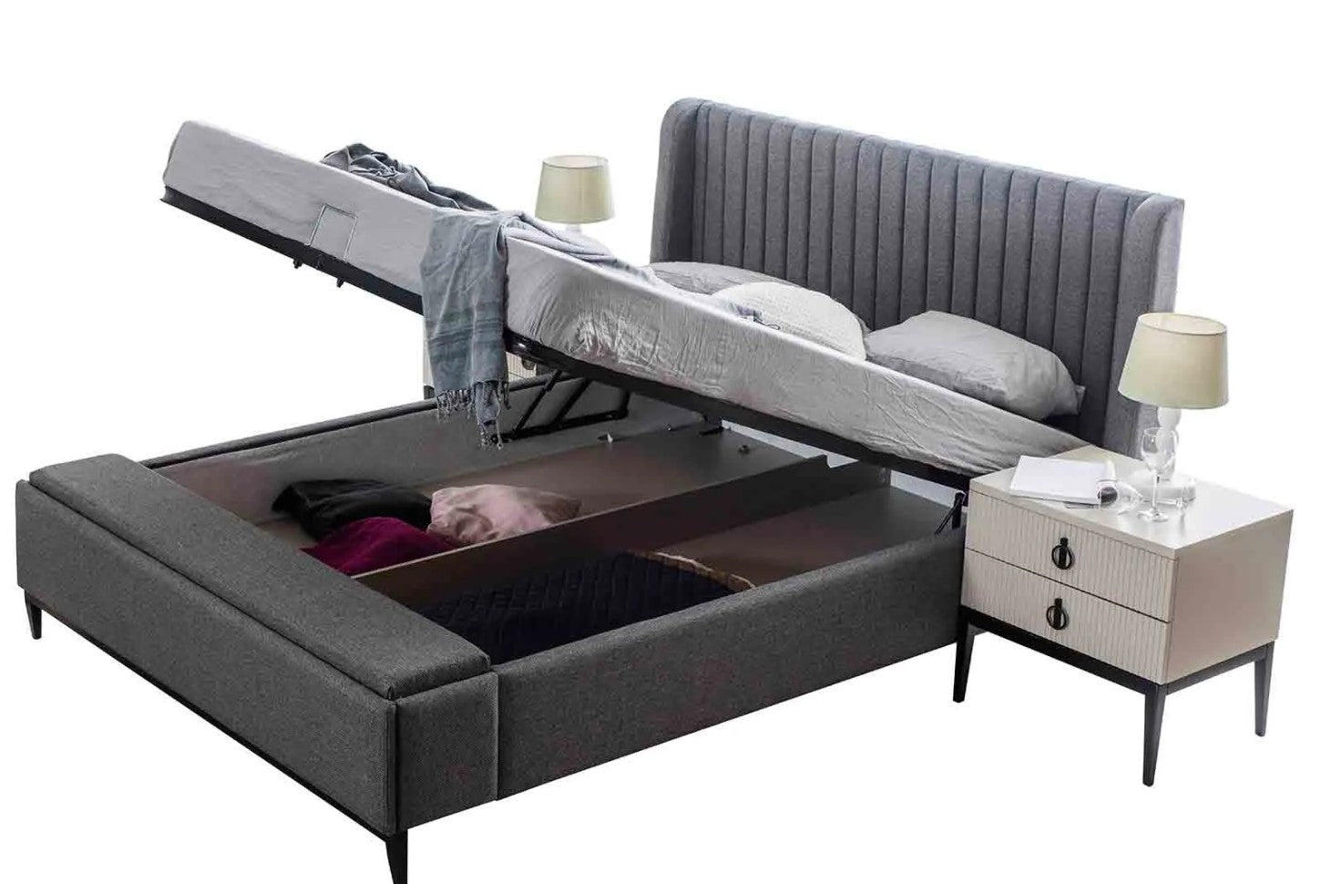 Тапицирано легло «Defne» + табла и пейка за легло - с място за съхранение, повдигащ механизъм