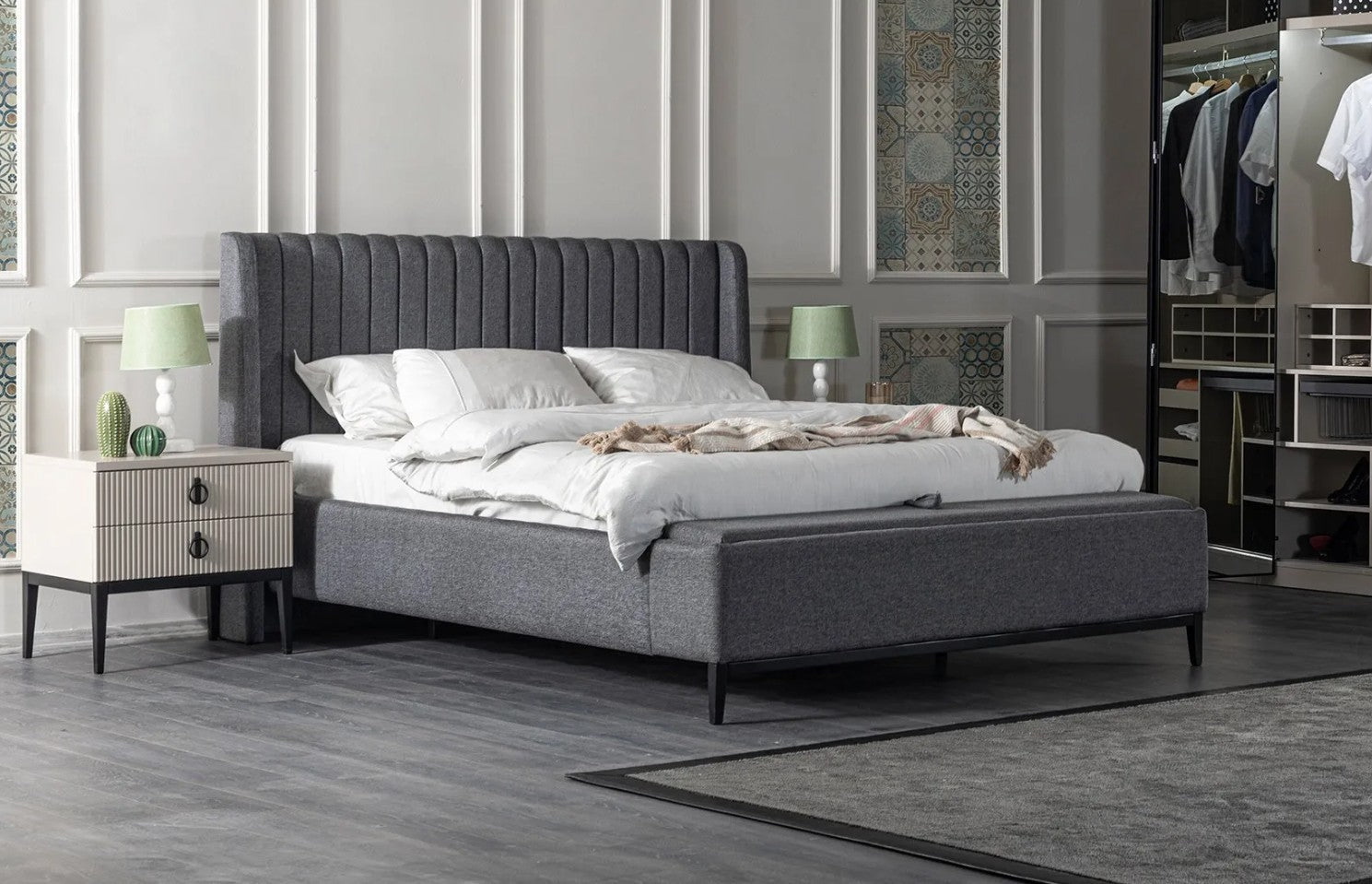 Тапицирано легло «Defne» + табла и пейка за легло - с място за съхранение, повдигащ механизъм