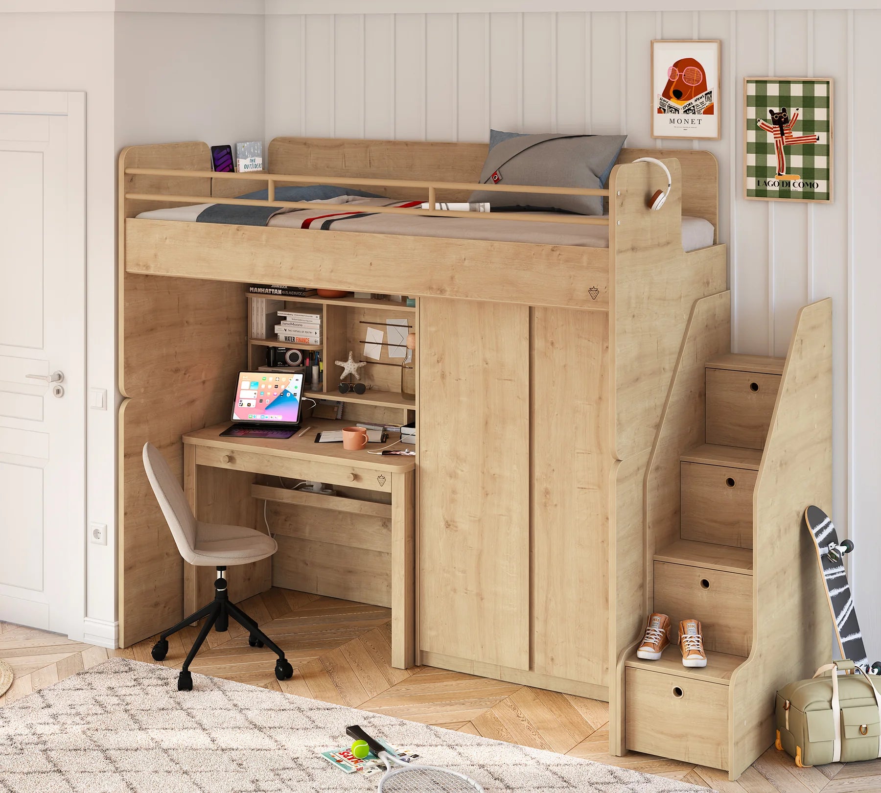 Модулно двуетажно легло «Studio» - Сет 2, с легло, гардероб, бюро, стълби с чекмеджета