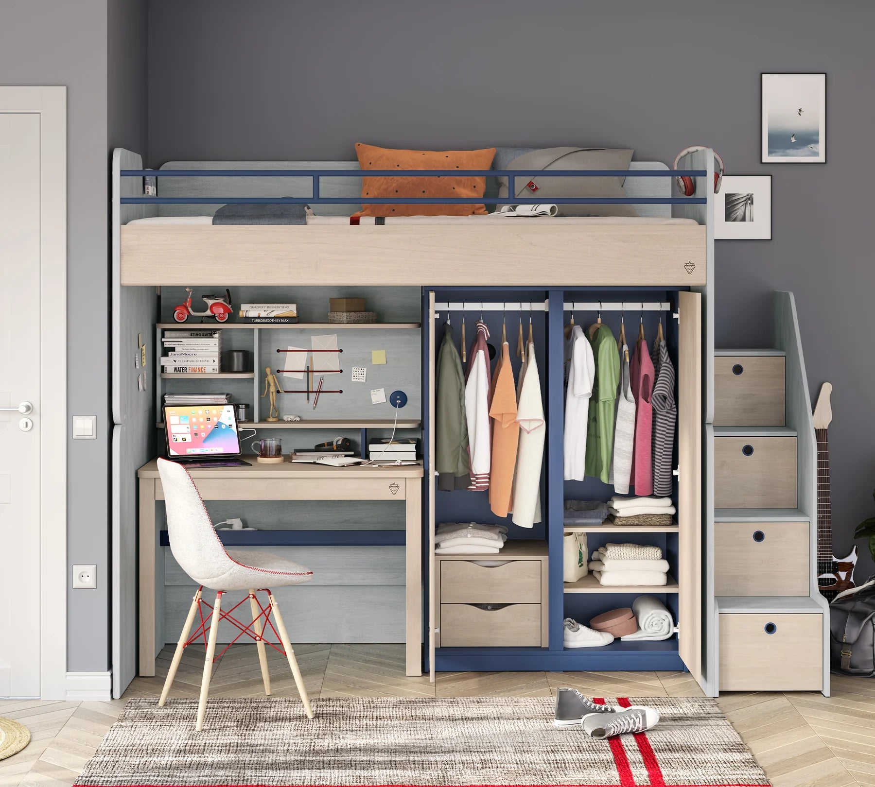 Модулно двуетажно легло «Studio Trio» - Сет 2, с горно легло, бюро и стълби с чекмеджета