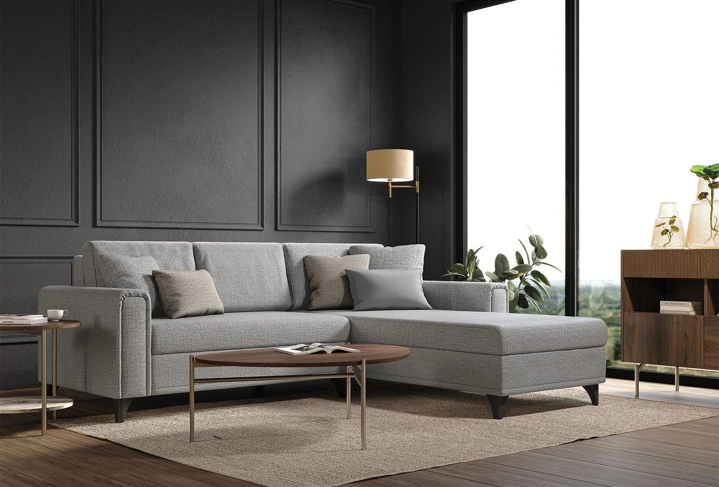 Ъглов разтегателен диван - легло «Maris» + пет декоративни възглавници, ширина 257см