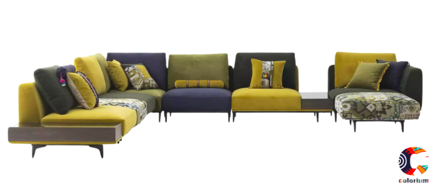 Ъглов диван «Loft Olive» от серия Colorium, с декоративни възглавници, ширина 437см