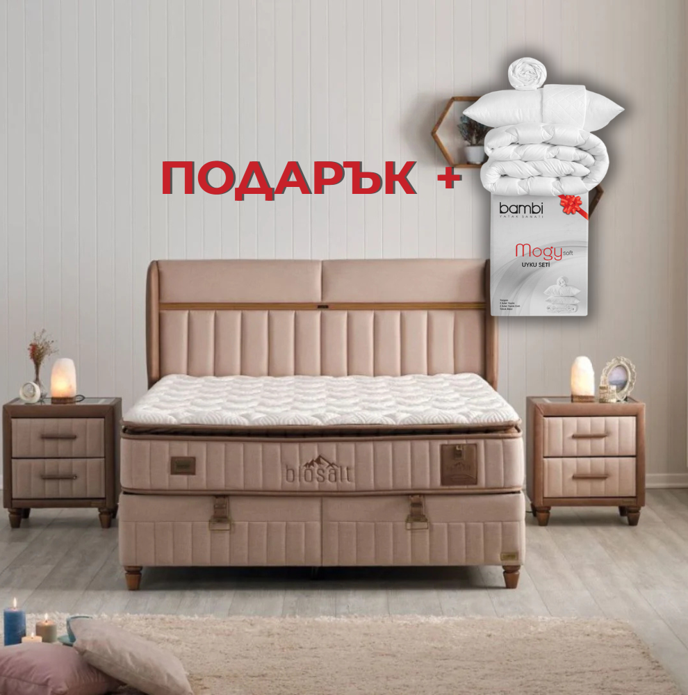 Тапицирано легло «Biosalt» + Матрак и табла - с място за съхранение, табла с LED осветление, матрак с каменна сол
