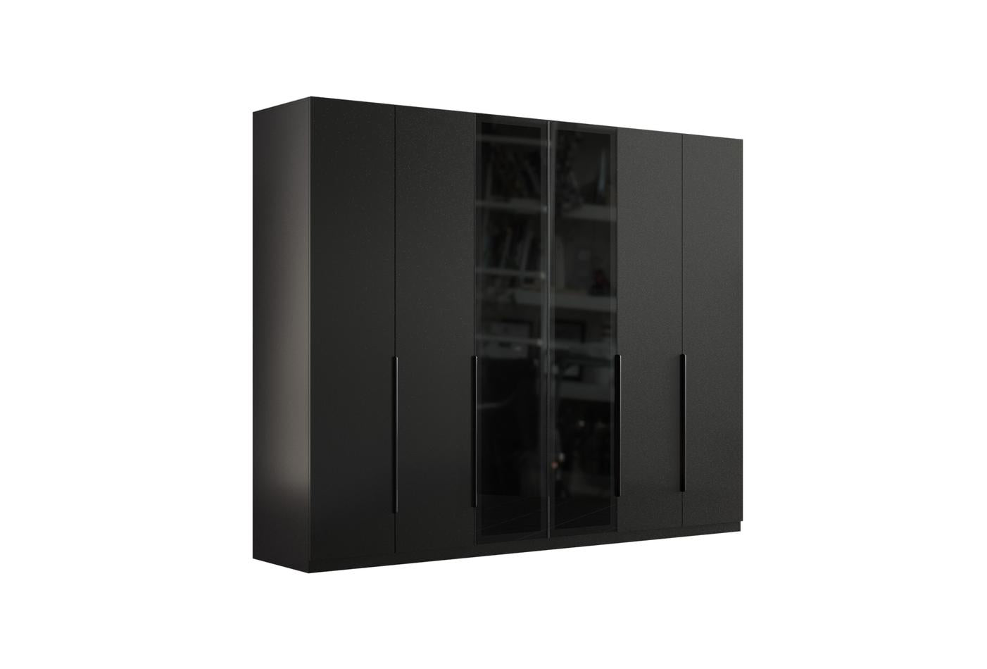 Шесткрилен гардероб «Legato Black» + стъклени врати, ширина 272см