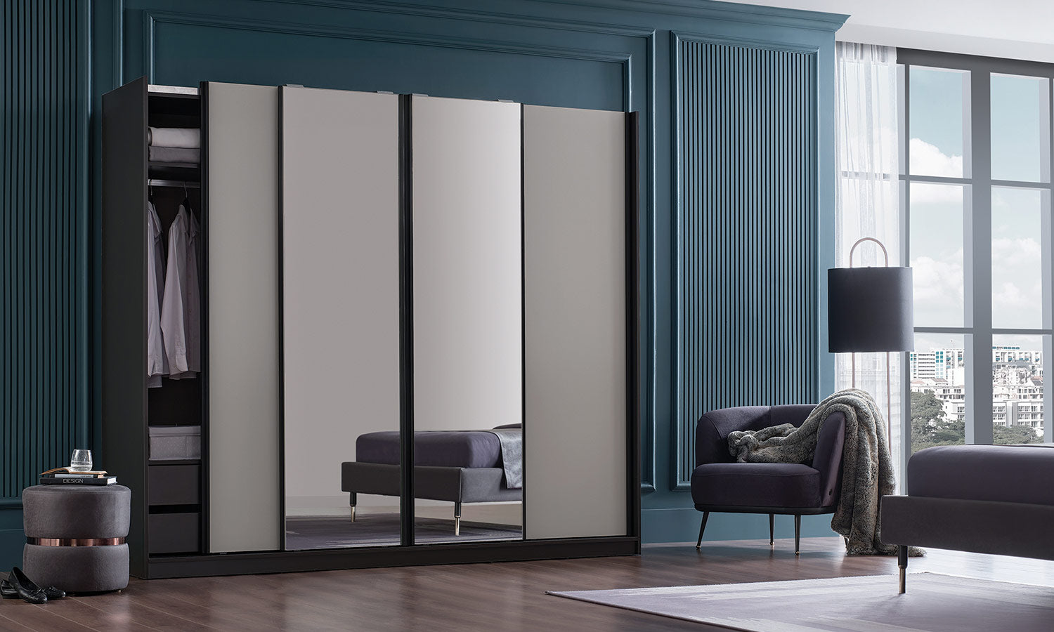 Гардероб с плъзгащи врати «Eterna» с огледална врата, ширина 253см