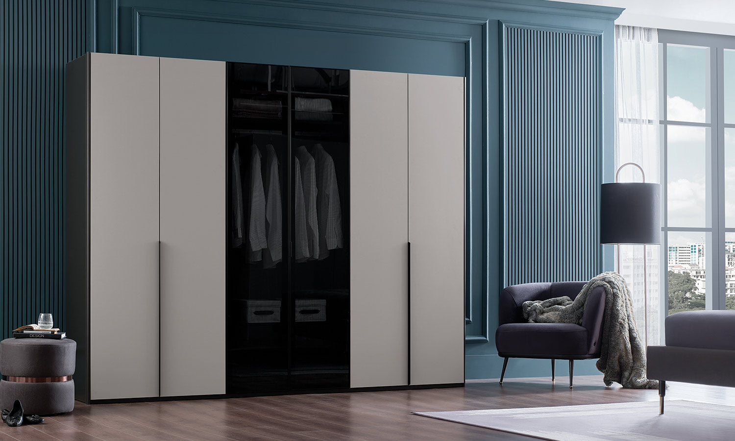 Шесткрилен гардероб «Eterna» + LED осветление, стъклени врати, ширина 274см