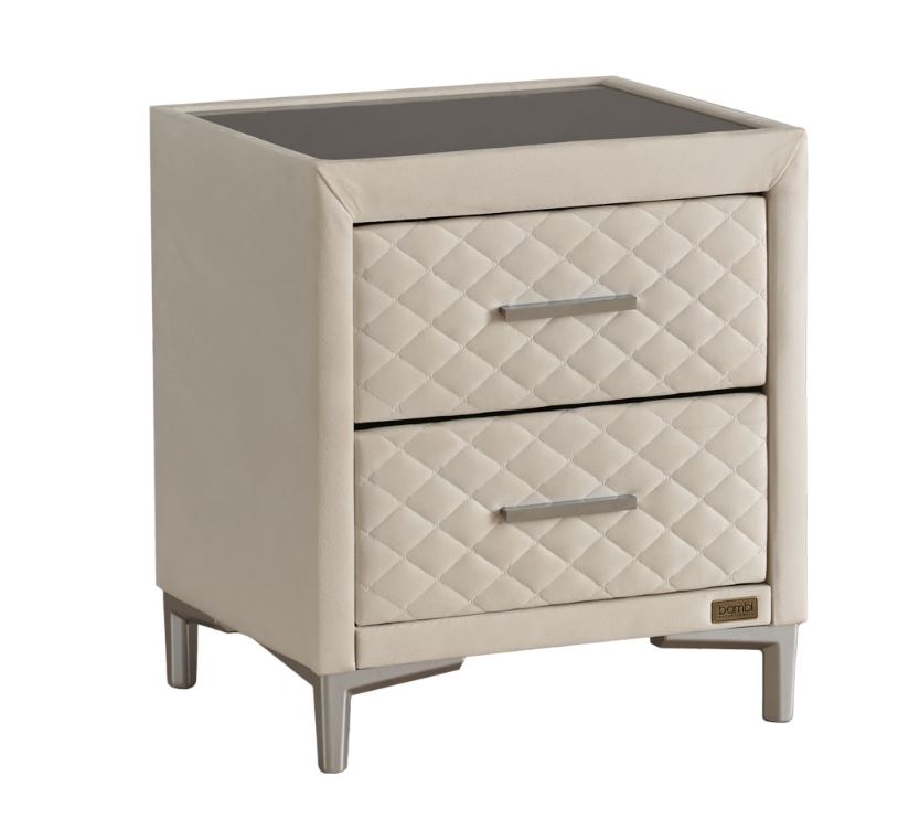 Тапицирано нощно шкафче «Thermo Control» + две чекмеджета и стъклен плот, размер 52х57х45см