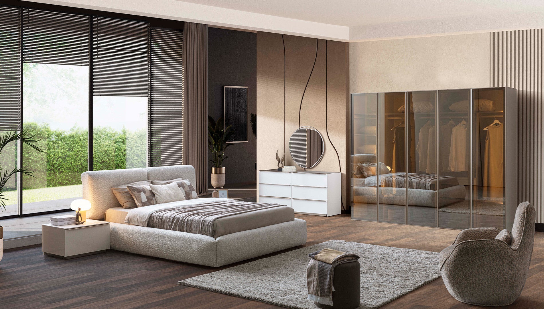 Гардероб «Noble» + стъклени врати и LED осветление, с чекмеджета, ширина 209см