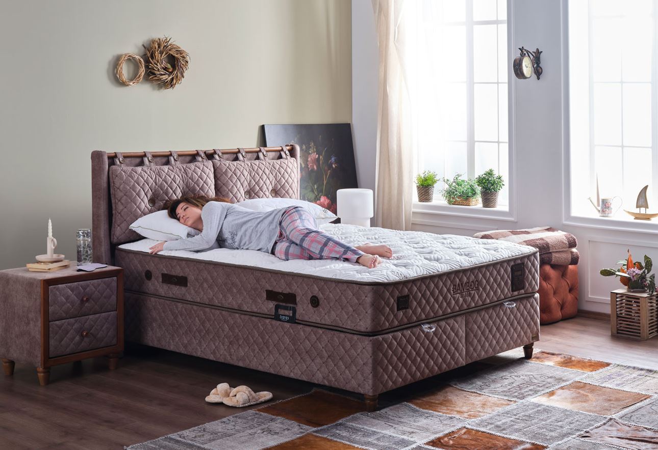 Тапицирано легло «Bamboo Sleep» + Матрак и табла - с място за съхранение, повдигащ механизъм, система за безшумно затваряне