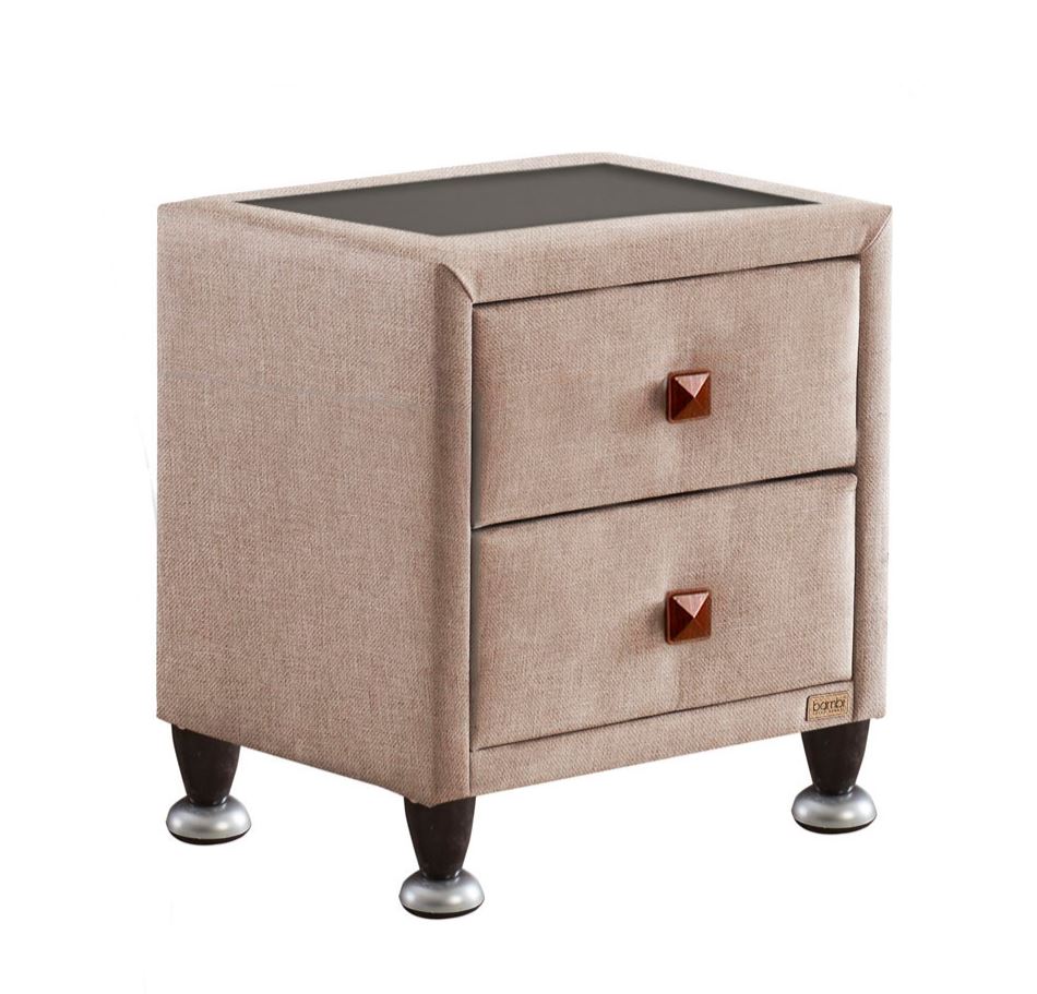 Тапицирано нощно шкафче «Innjoy Glass» + две чекмеджета и стъклен плот, размер 53х57х41см