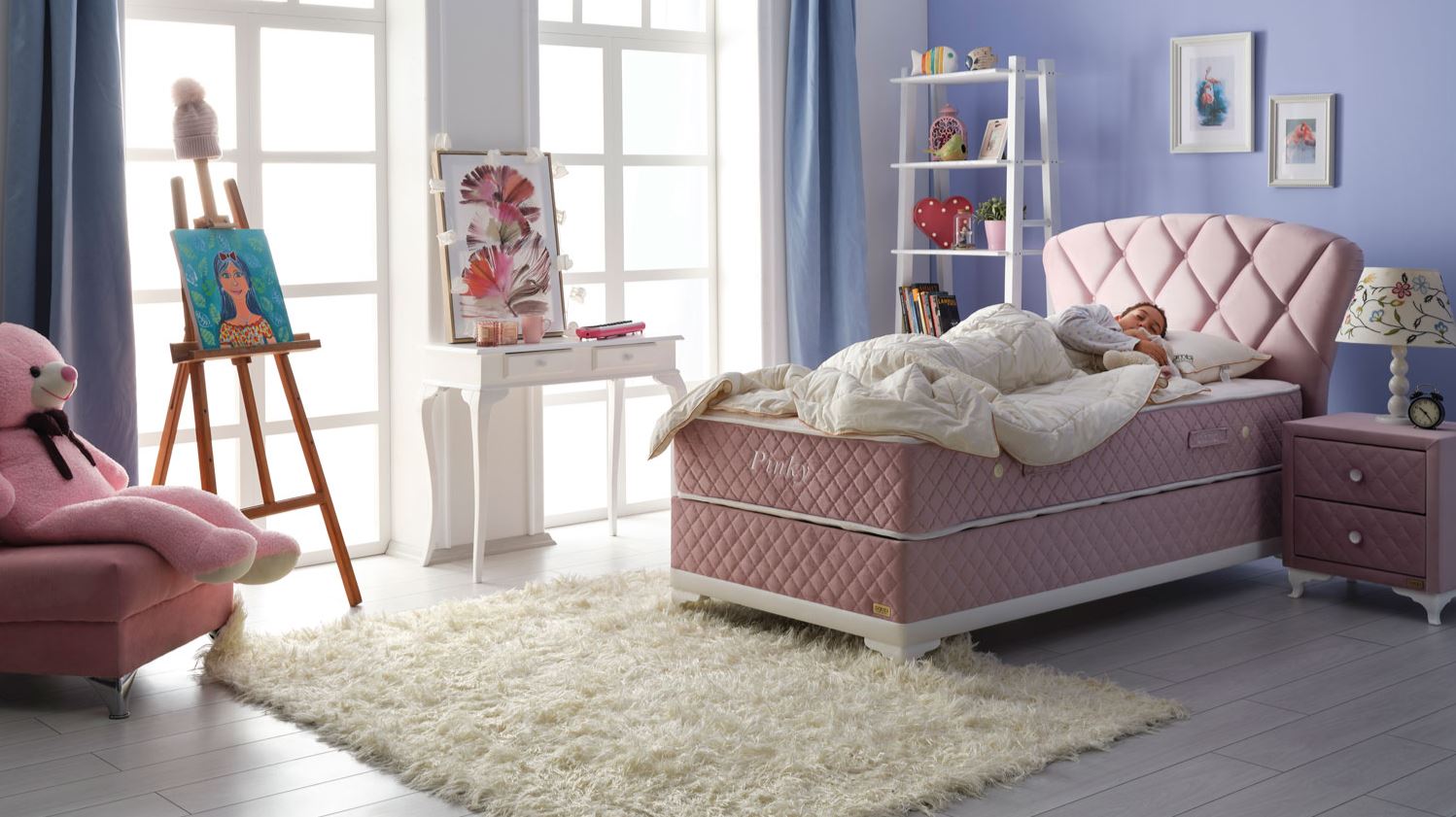 Тапицирано легло «Pinky» + Матрак и табла - с място за съхранение, повдигащ механизъм, система за безшумно затваряне