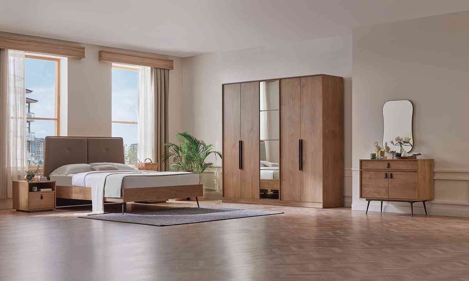 Петкрилен гардероб «Helis» с огледална врата, лост за закачалки, рафтове, ширина 270см