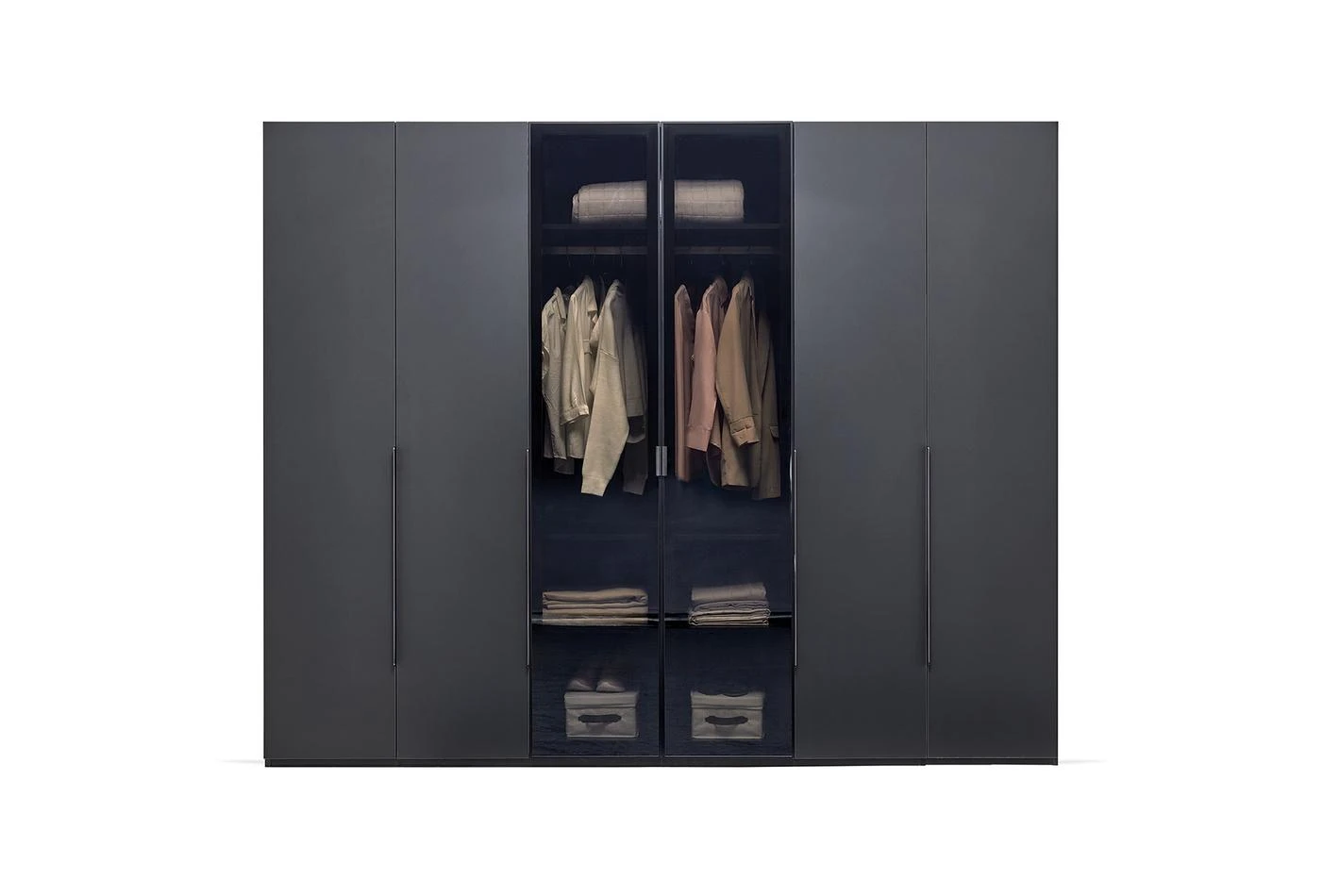 Шесткрилен гардероб «Legato Black» + стъклени врати, ширина 272см