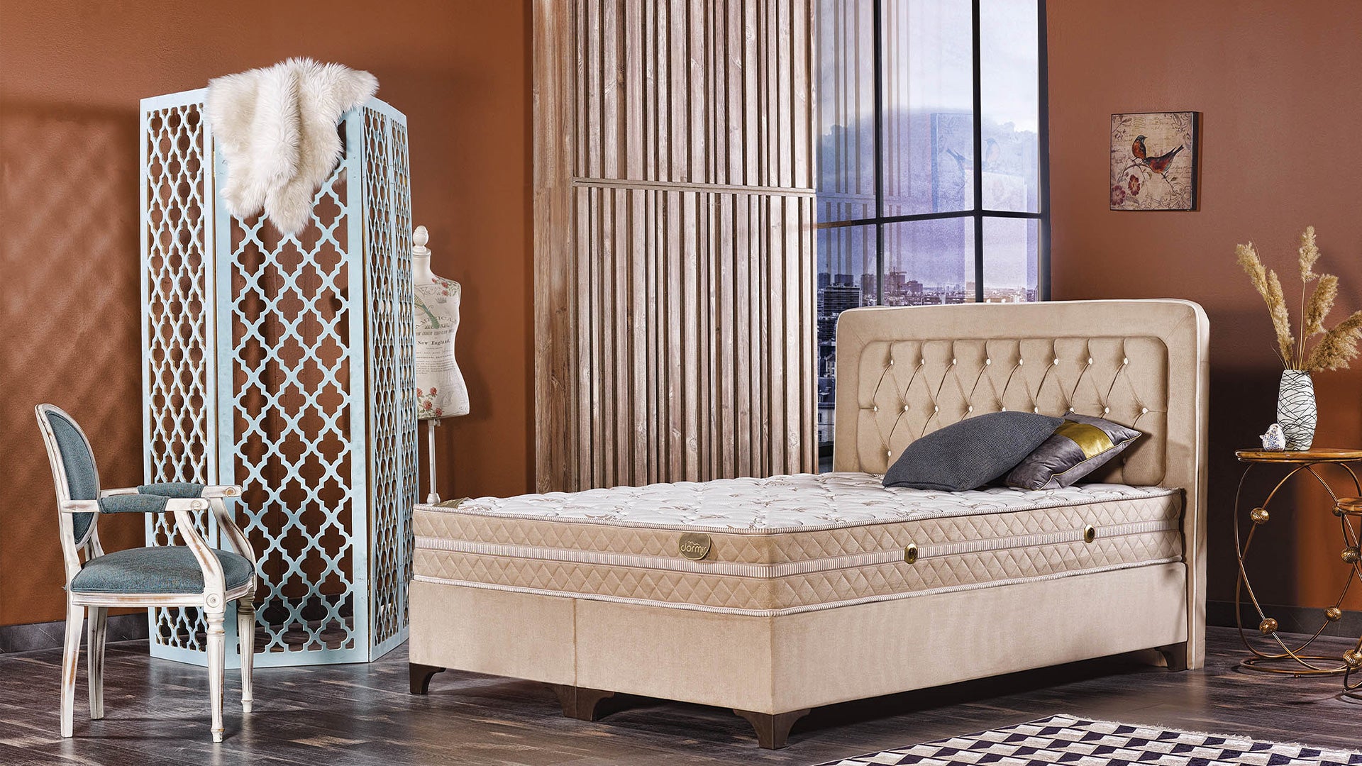 Тапицирано легло «Lima» + Матрак и табла - с място за съхранение и система за безшумно затваряне