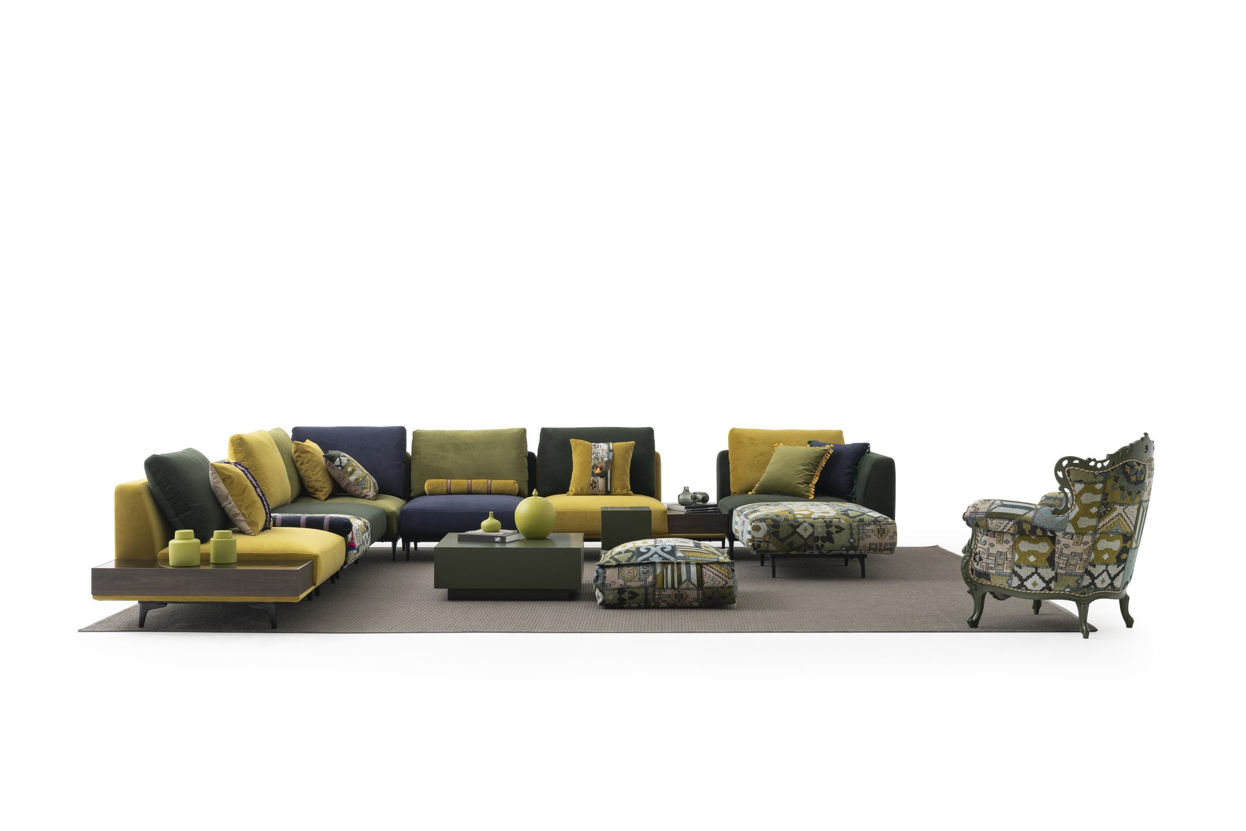 Ъглов диван «Loft Olive» от серия Colorium, с декоративни възглавници, ширина 437см