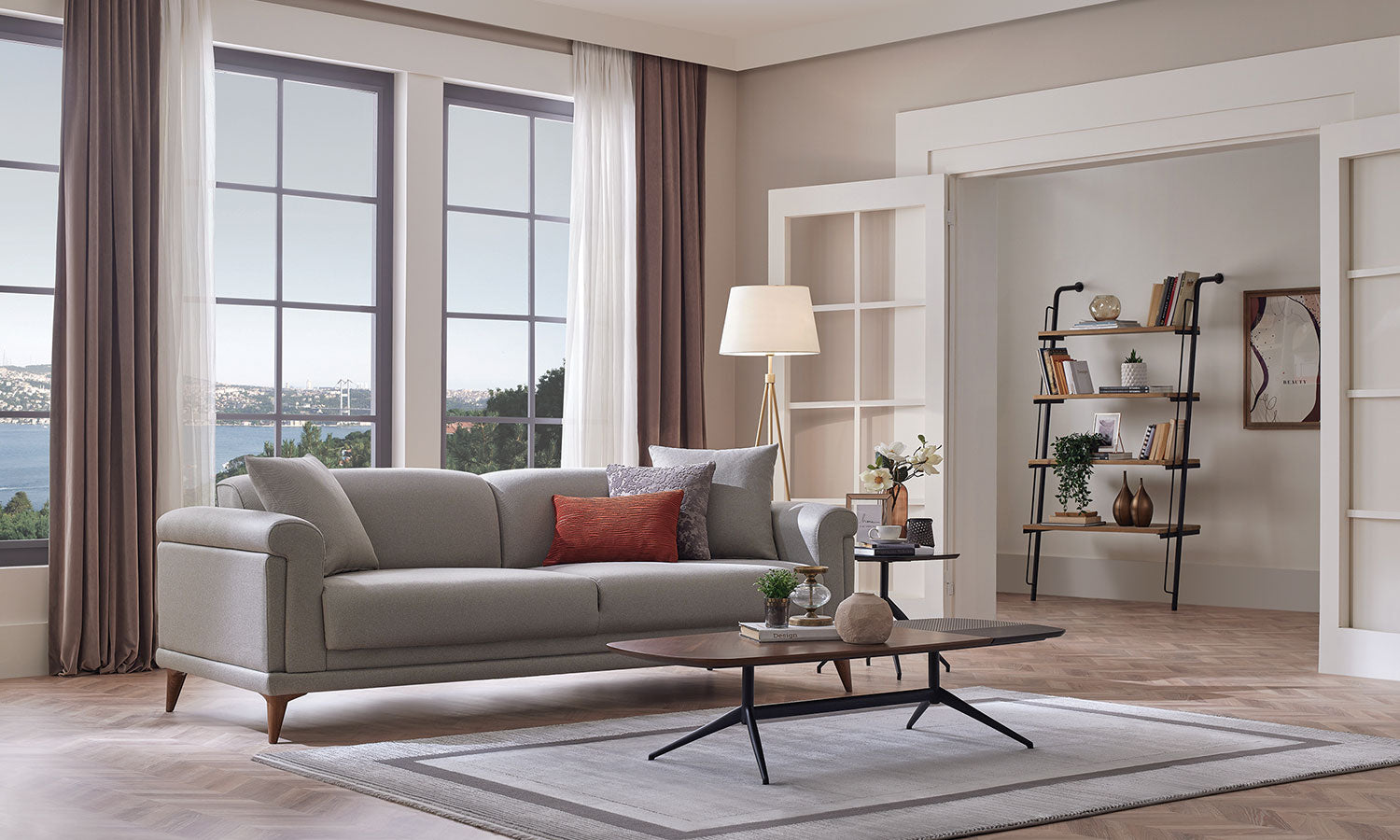 Tриместен разтегателен диван «Melvin» + 4 декоративни възглавници, ширина 233см