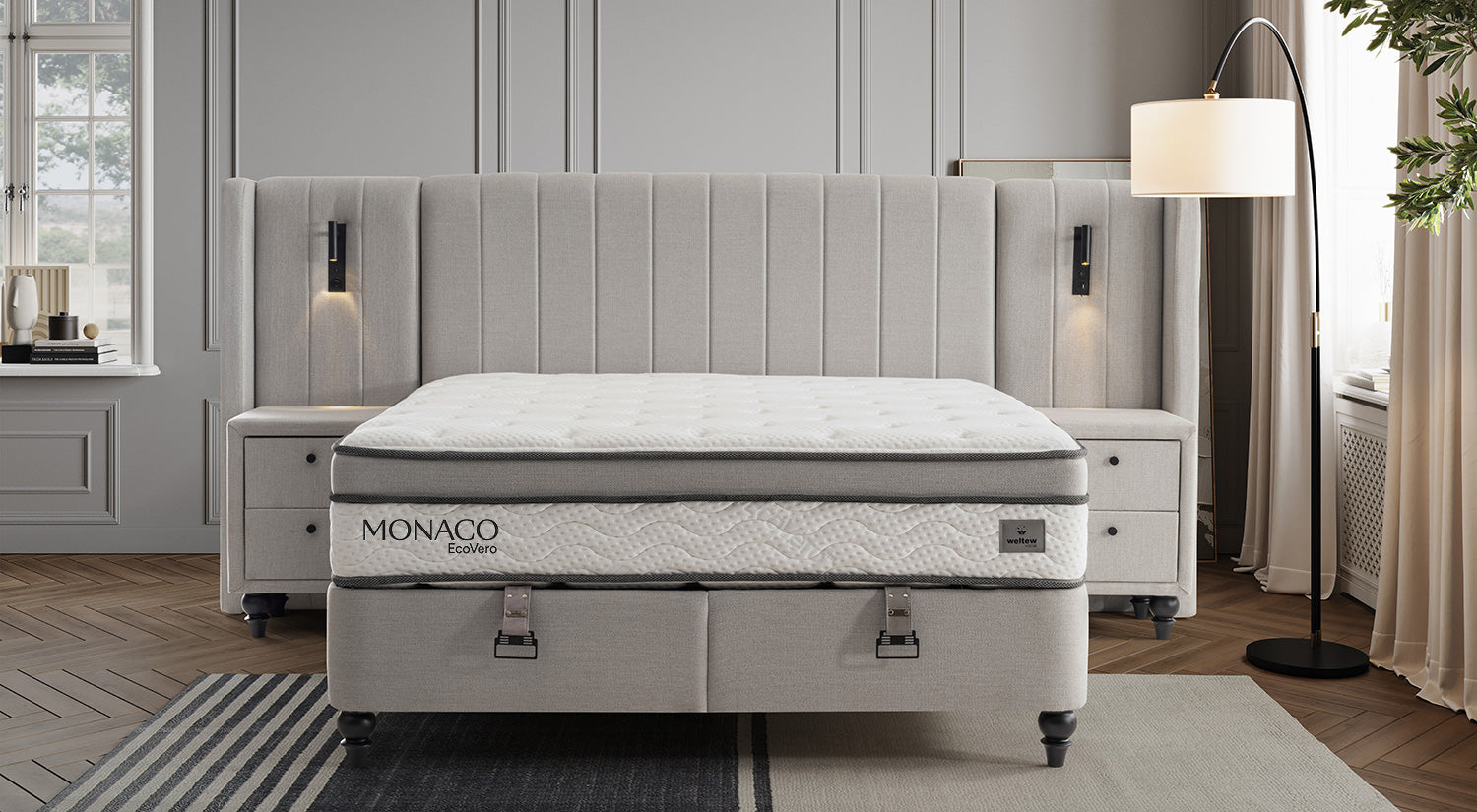 Тапицирано легло «Monaco» + Матрак и табла - с място за съхранение, повдигащ механизъм, система за безшумно затваряне