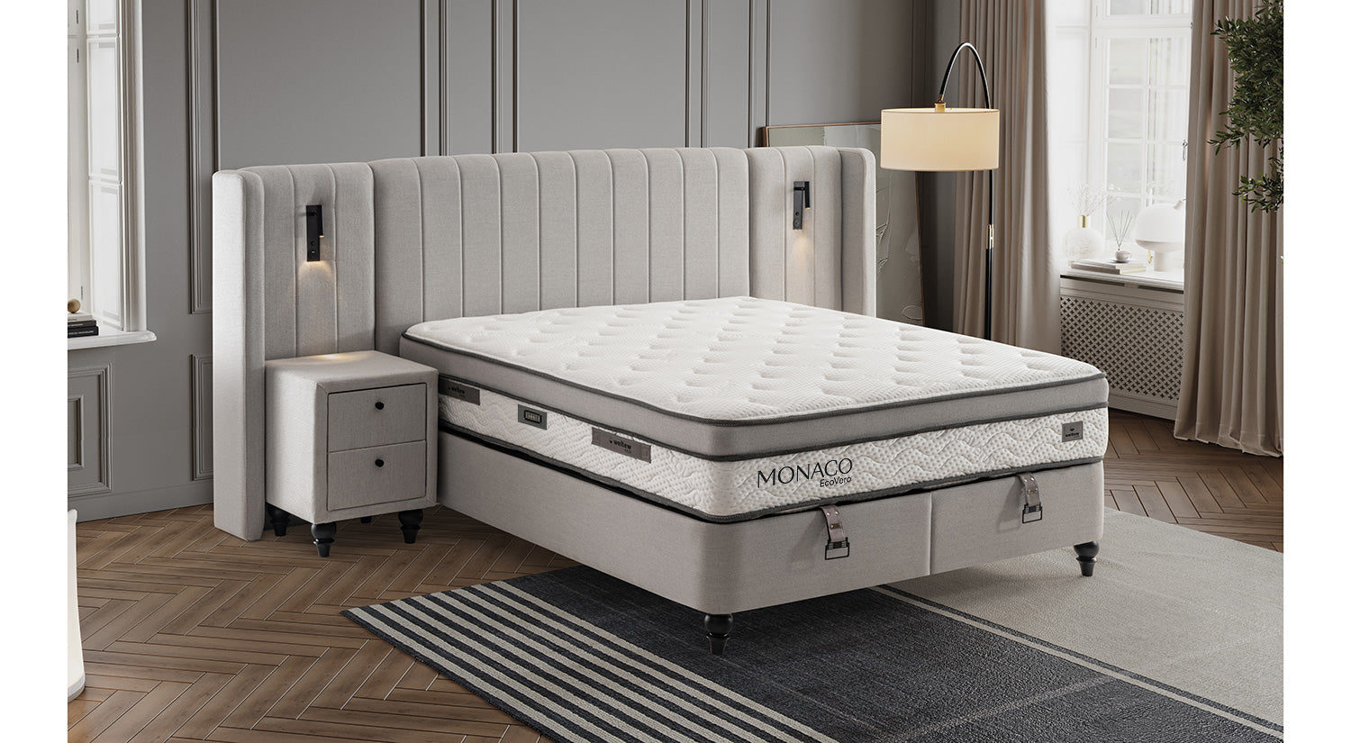 Тапицирано легло «Monaco» + Матрак и табла - с място за съхранение, повдигащ механизъм, система за безшумно затваряне