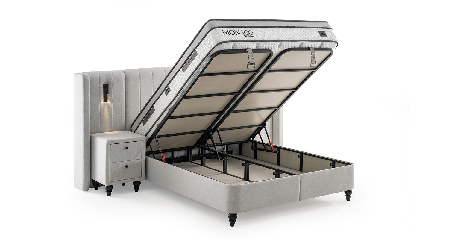 Тапицирано легло «Monaco» + Матрак и табла - с място за съхранение, повдигащ механизъм, система за безшумно затваряне