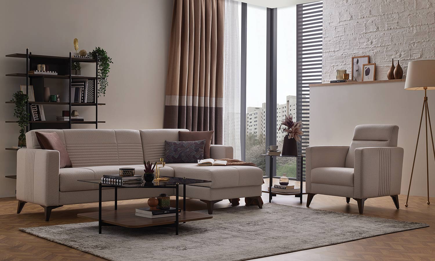 Ъглов разтегателен диван «Nola» + три декоративни възглавници, ширина 228см