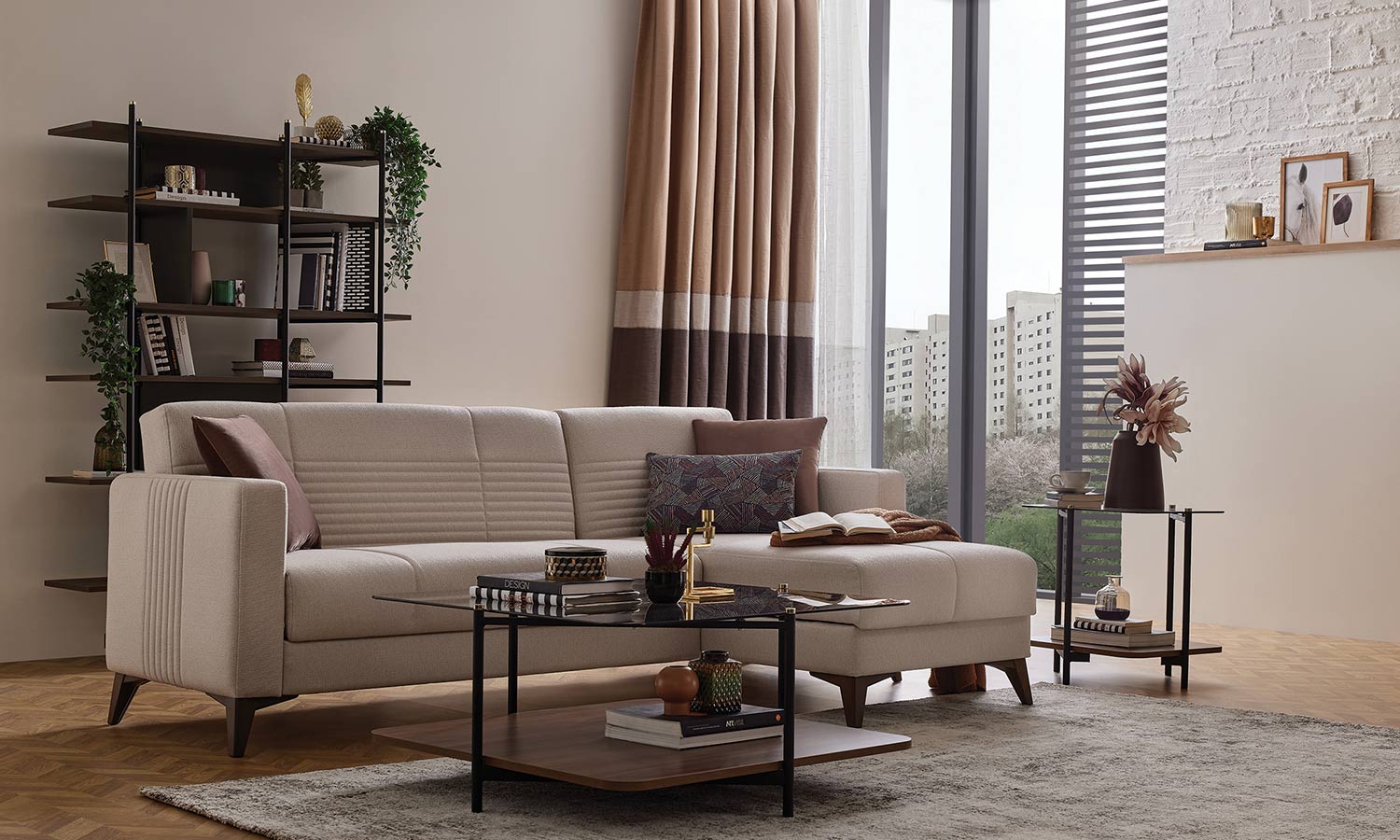 Ъглов разтегателен диван «Nola» + три декоративни възглавници, ширина 228см