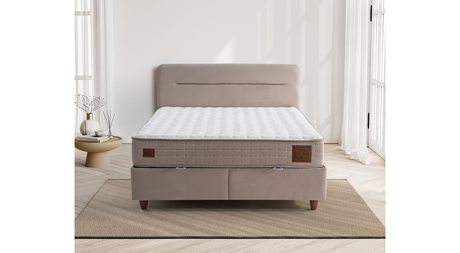 Тапицирано легло «Optima» + Матрак и табла - с място за съхранение, повдигащ механизъм, система за безшумно затваряне