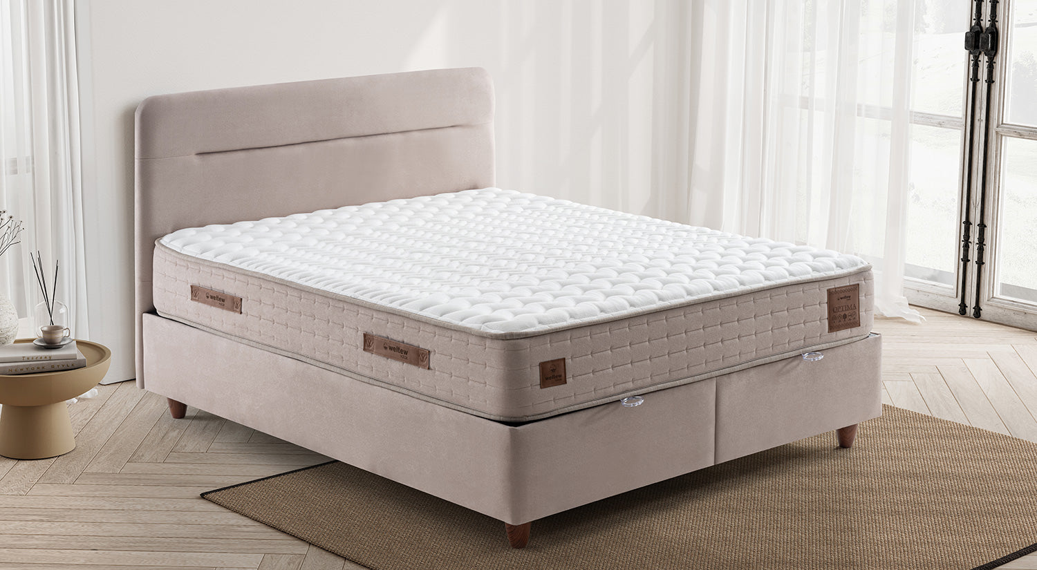 Тапицирано легло «Optima» + Матрак и табла - с място за съхранение, повдигащ механизъм, система за безшумно затваряне