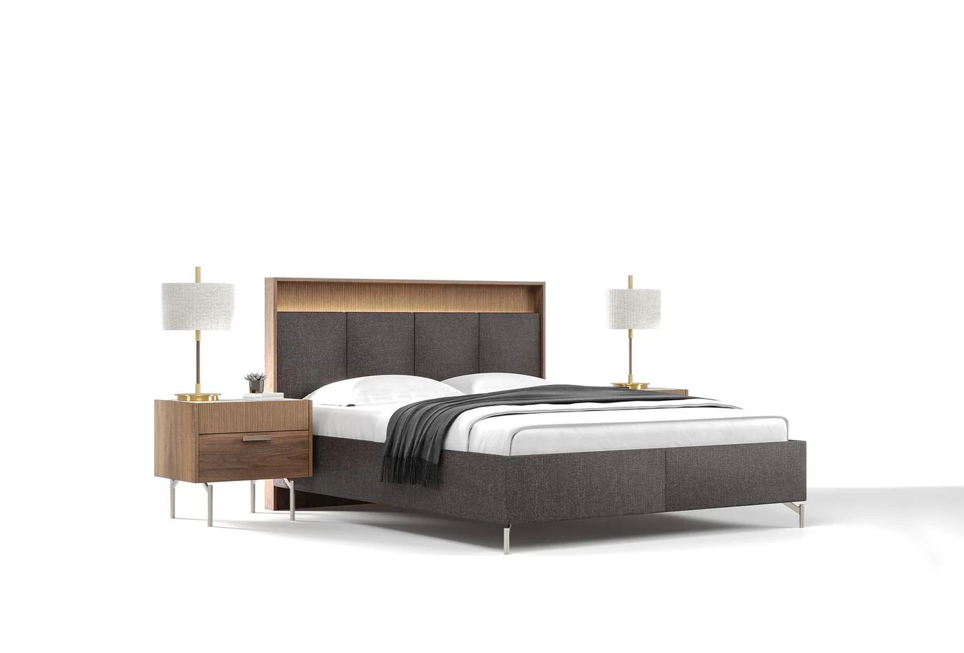 Тапицирано легло «Pavia» + табла с осветление - с място за съхранение, повдигащ механизъм, система за безшумно затваряне