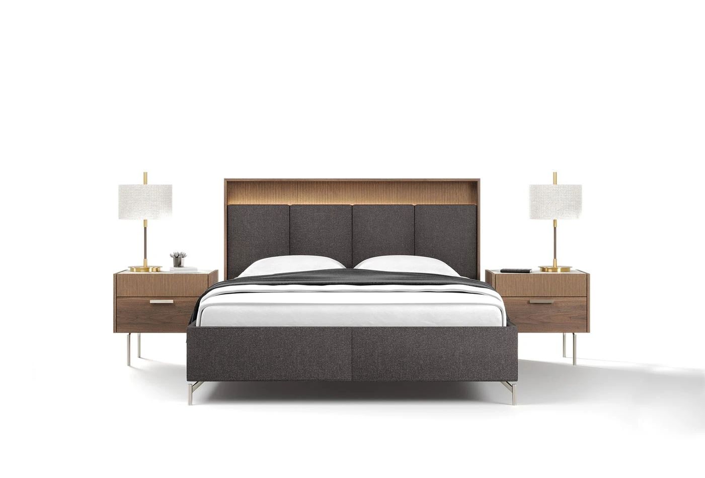 Тапицирано легло «Pavia» + табла с осветление - с място за съхранение, повдигащ механизъм, система за безшумно затваряне