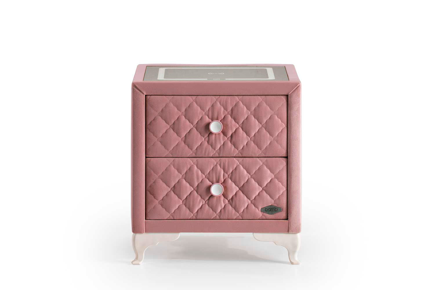 Тапицирано нощно шкафче «Pinky» + две чекмеджета, с LED осветление, с музикална система и USB зарядна станция, размер 52х59х43см