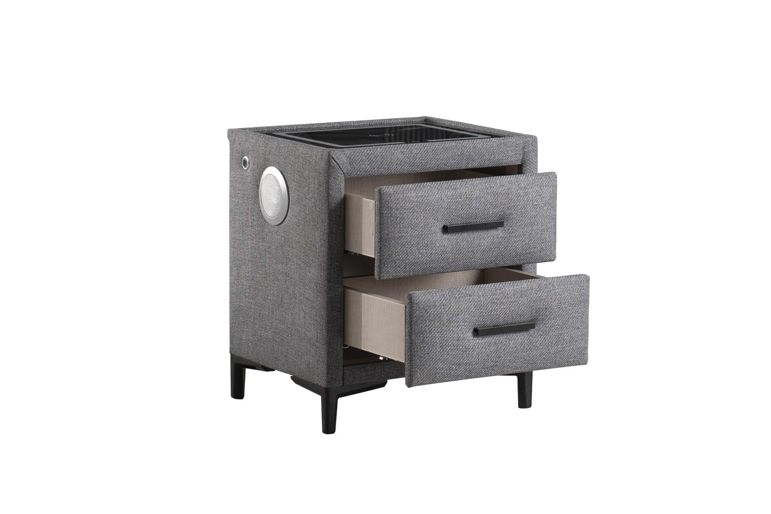 Тапицирано нощно шкафче «Climextra» + две чекмеджета, с LED осветление, с музикална система и USB зарядна станция, размер 52х59х43см