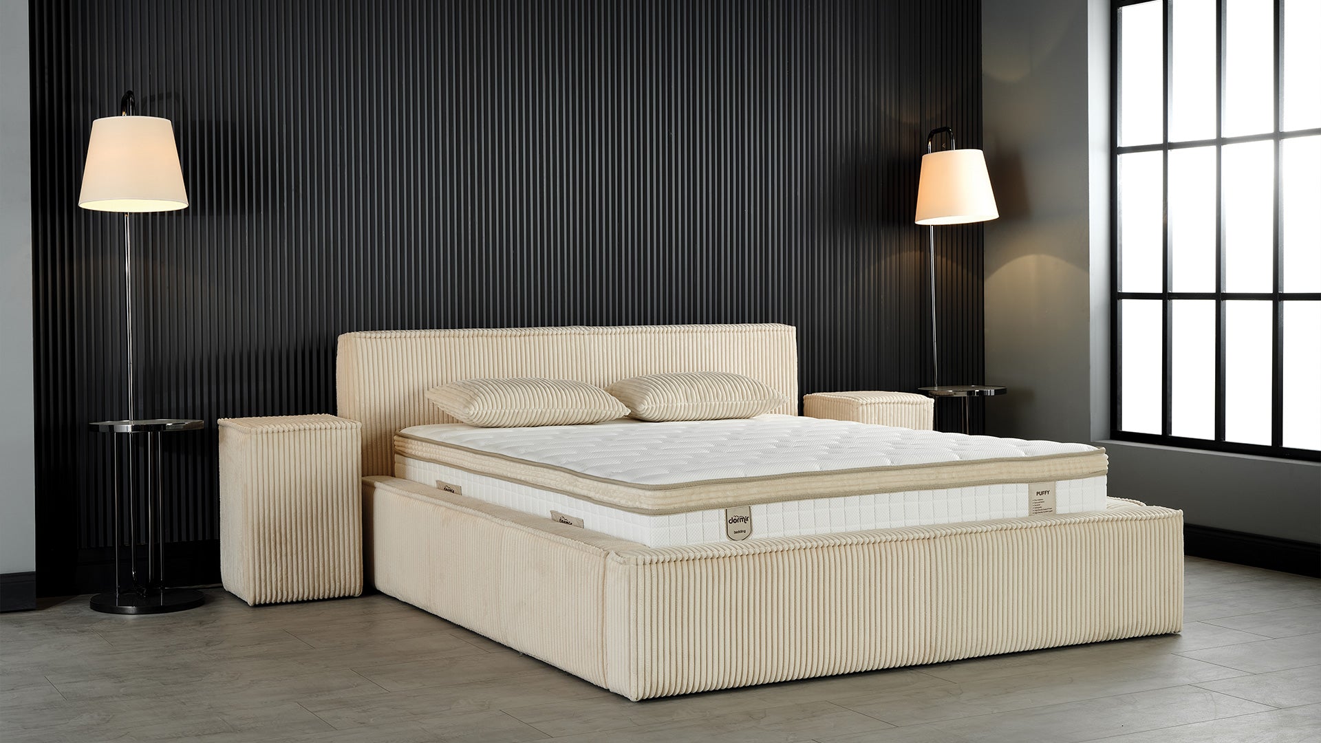 Тапицирано легло «Puffy» + Матрак и табла - с място за съхранение и система за безшумно затваряне