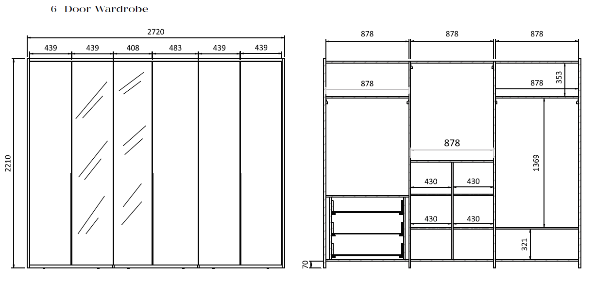 Шесткрилен гардероб «Terra» с огледална врата, ширина 272см