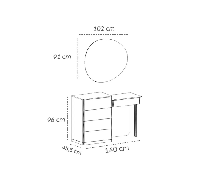 Тоалетка «Dolunay» + скрин с пет чекмеджета и огледало, размер 140х96х45см