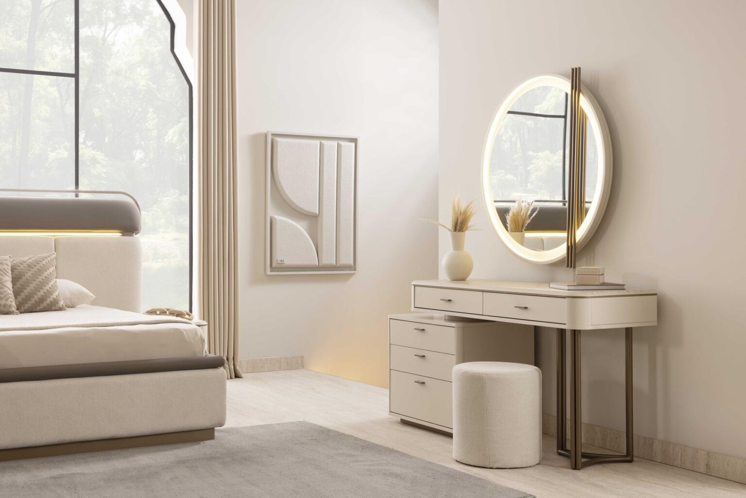 Тоалетка «Loft» с пет чекмеджета, огледало и пуф, размер 160x80x51